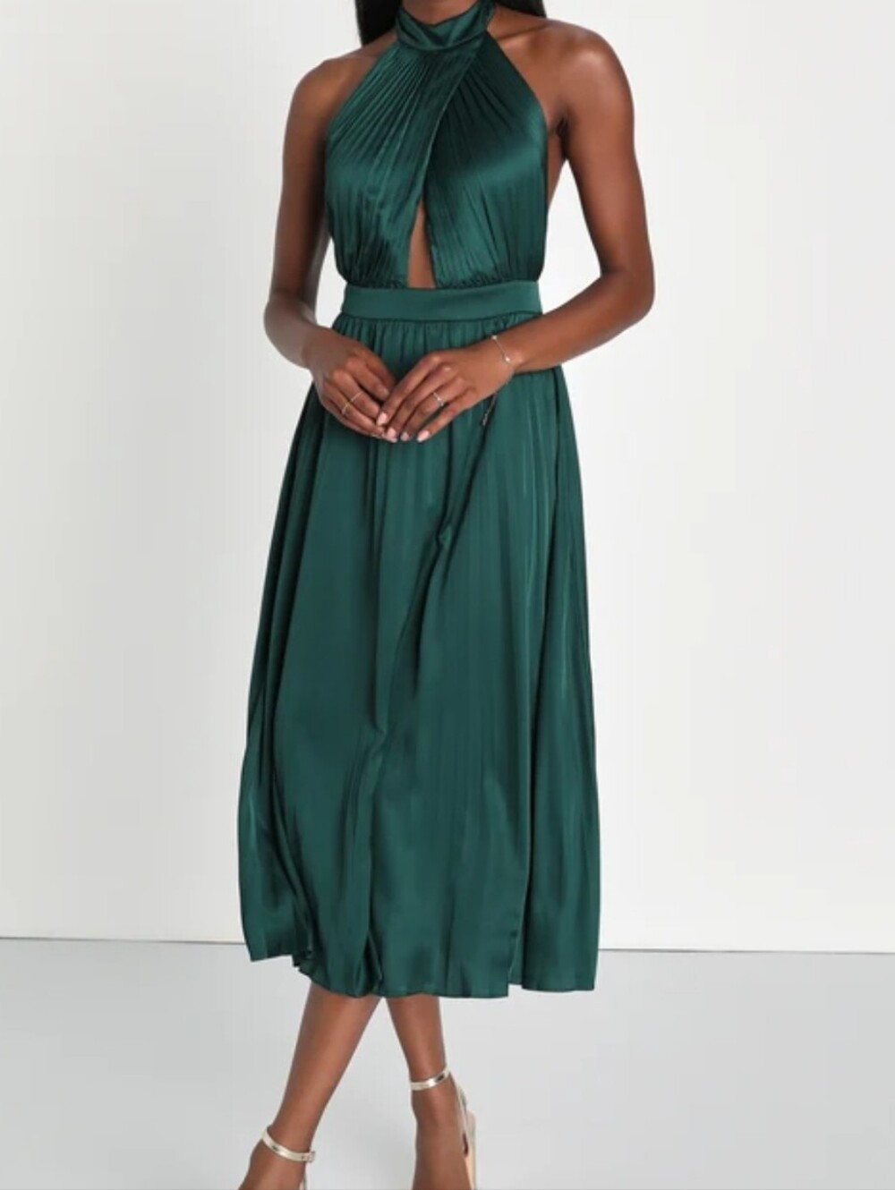 Lulus Totally Charming Emerald Green Pleated Halter Midi Dress Sz M Backless